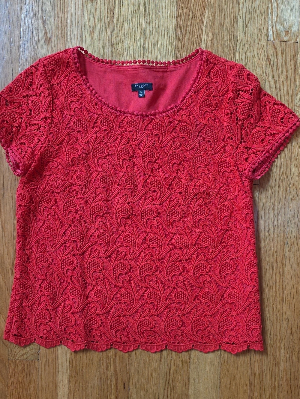 Talbots Petites Red Embroidered Lace Overlay Short Sleeve Top - Size 6P